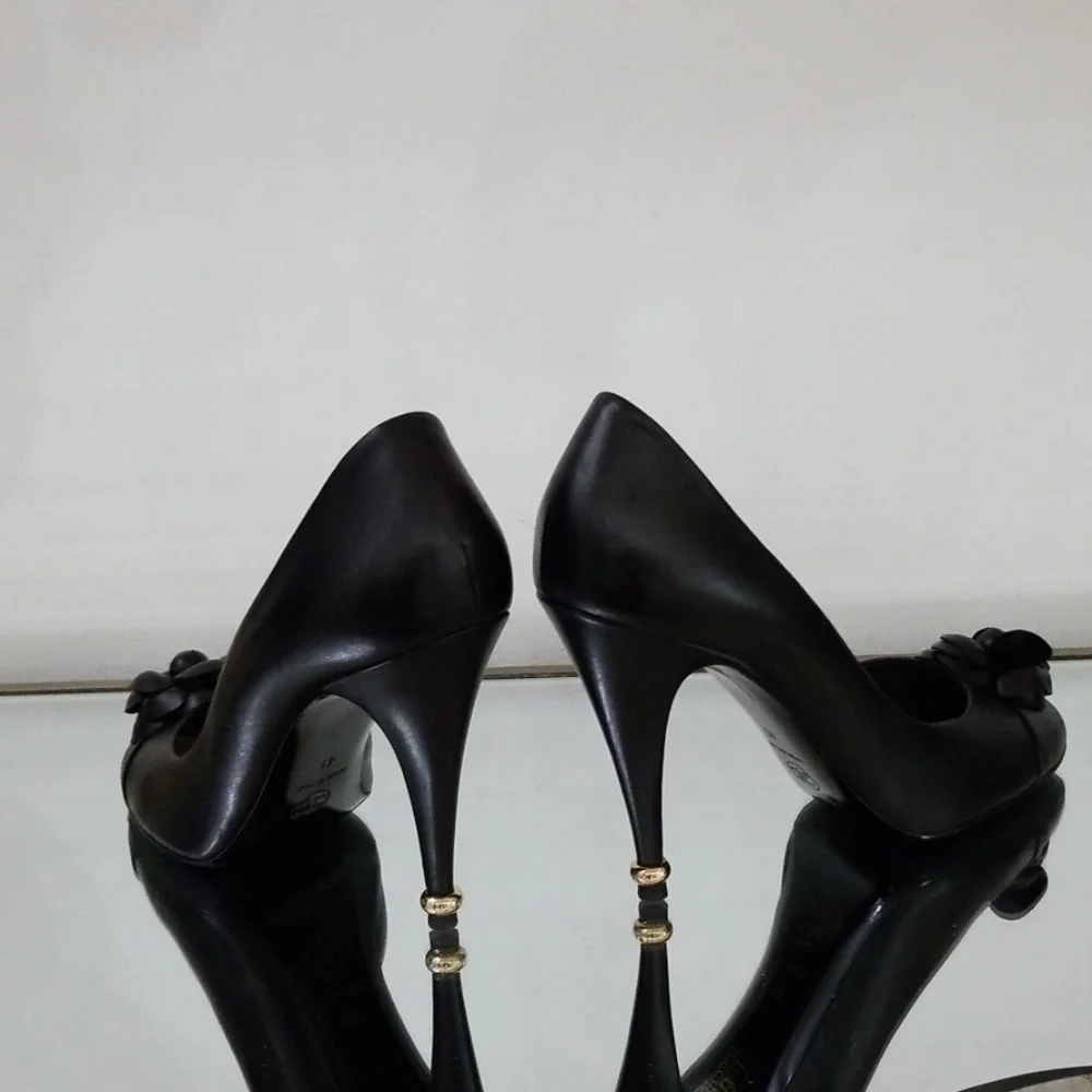 CHANEL Black Leather Camellia Peep-Toe Pumps